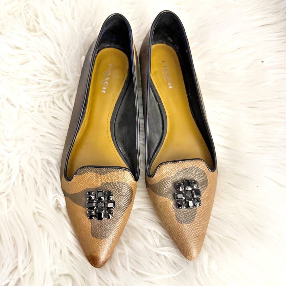 COACH | Unique Camouflage Pointed Flats Shoes Black Brown‎ Jewel Brooch | Size 6